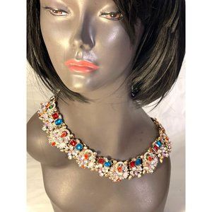 14k Gold Plated Eye Candy Los Angeles Bib Collar Rhinestone Necklace Adjustable